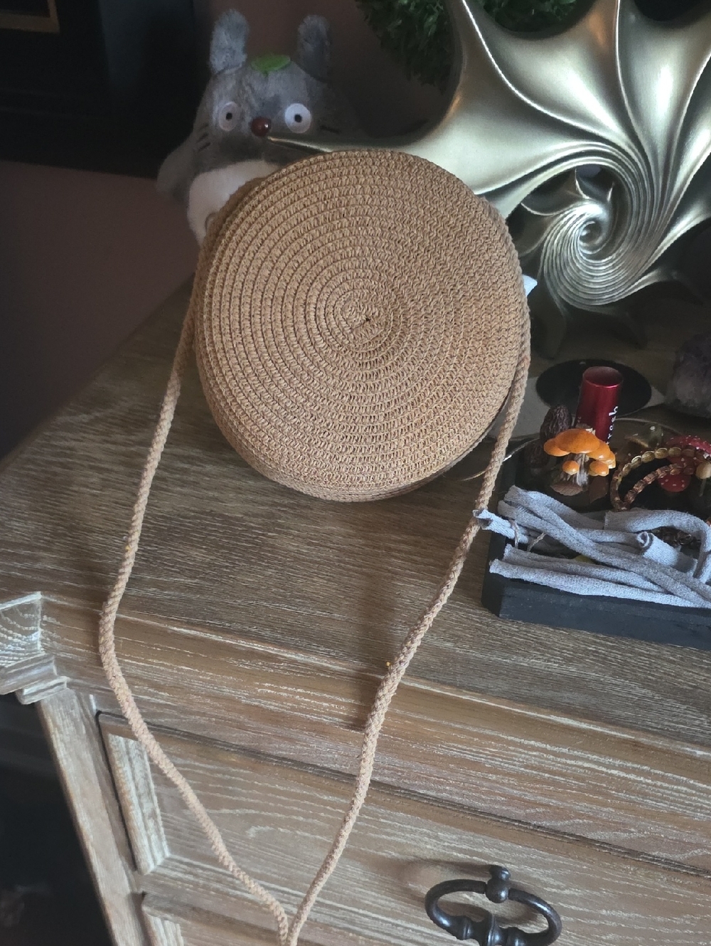 Round Woven Crossbody Bag - Tan